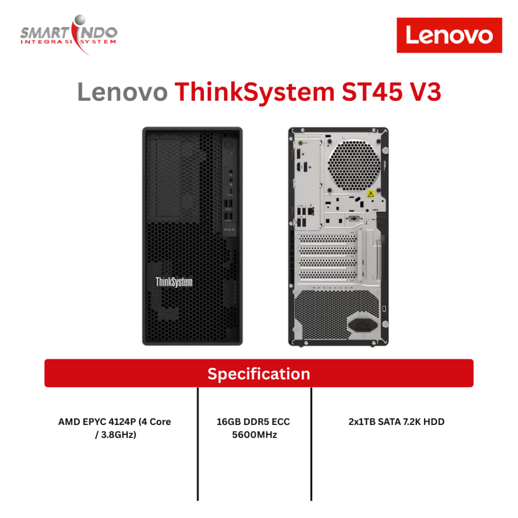 Lenovo ThinkSystem ST45 V3 Server AMD EPYC 4124P 16GB DDR5 2x1TB HDD Tower 3Yr Warranty