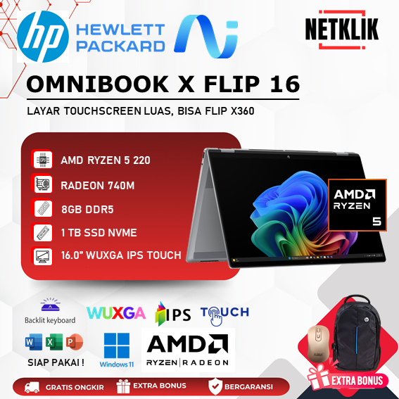 Laptop HP OmniBook X360 16 - AMD Ryzen 5 220 8GB/1TB SSD IPS Touchscreen WIN11 Baru