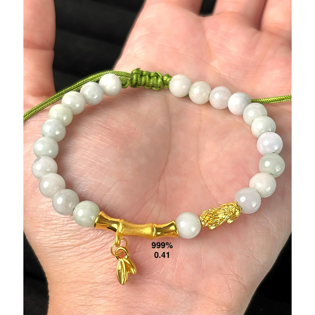 Gelang Charm Bambu Tulang & Pixiue Emas Asli 24K Batu