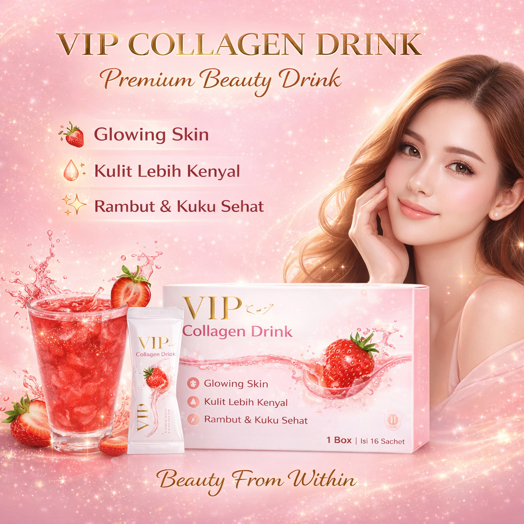 VIP Collagen Drink Strawberry – Minuman Kolagen Premium untuk Glowing Skin, Kulit Kenyal, Rambut & K