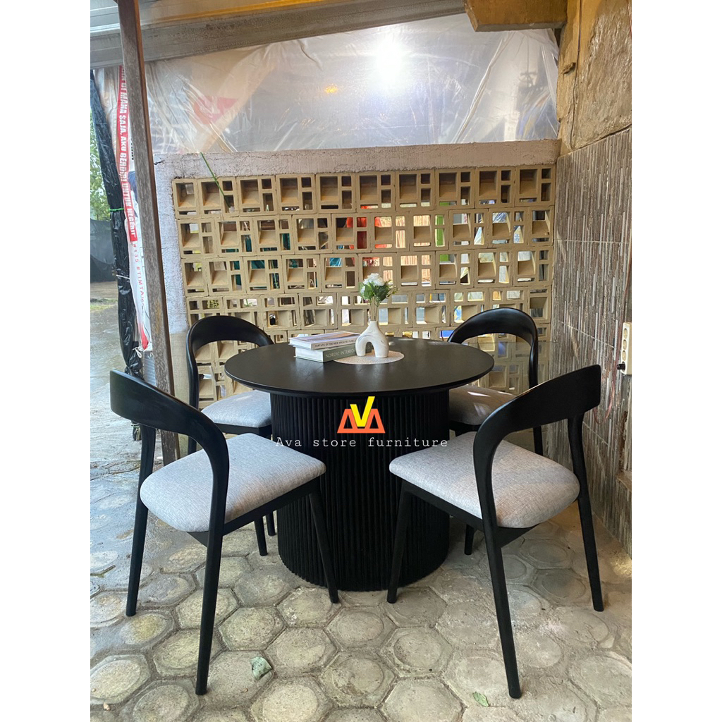 Set Meja Makan Bulat Minimalis Hitam + 4 Kursi – Meja Makan Modern Aesthetic - Meja Makan Bulat Kaki