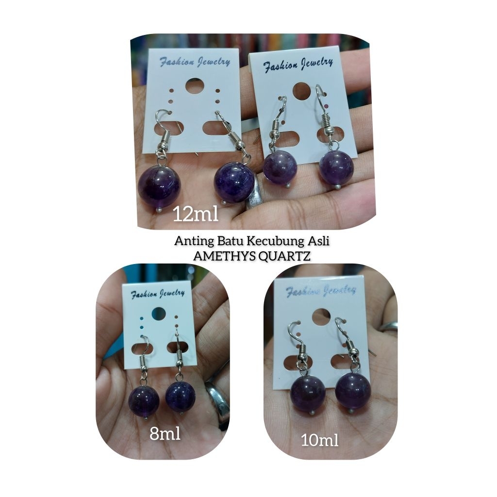 Anting Batu Kecubung Ungu Asli 100% - Sepasang Anting Wanita dari Batu Kecubung Amethys Import
