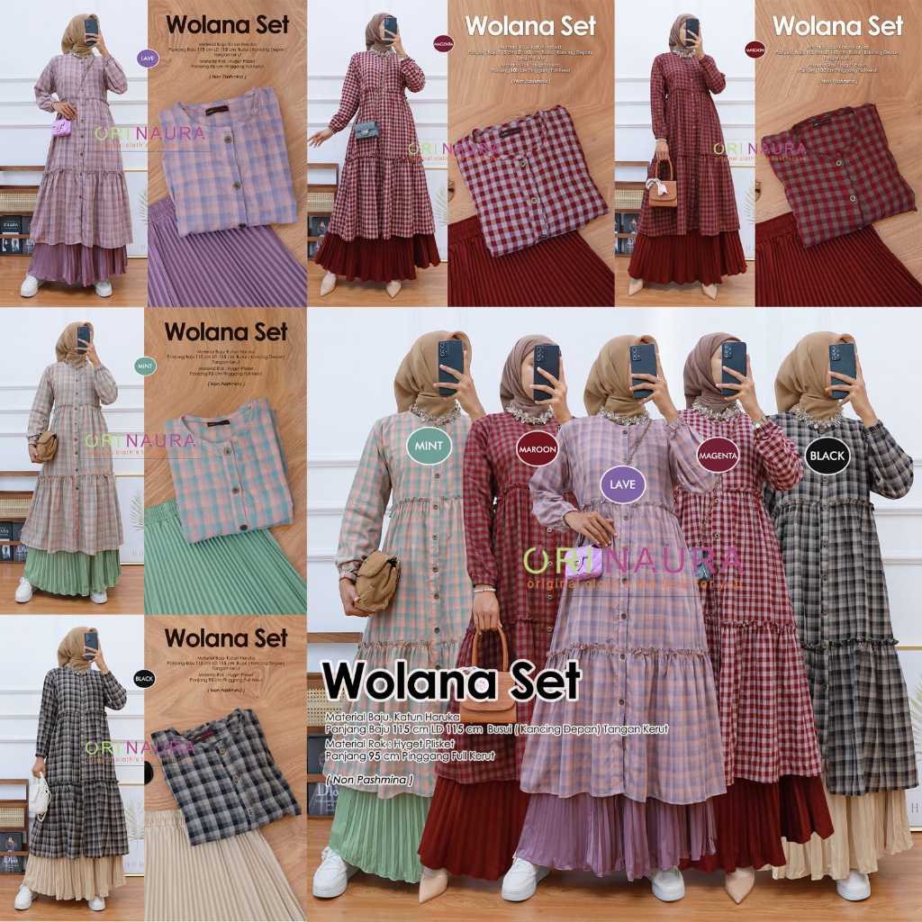 WOLANA ONE SET SETELAN WANITA ROK PANJANG PLISKET LONG TUNIK TARTAN SUSUN KATUN HARUKA ORYNAURA
