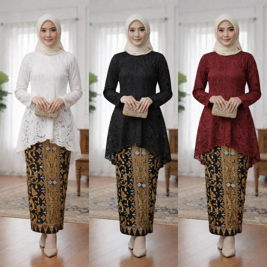 Baju Kurung Kebaya Malaysia Melayu Siti Nurbaya Brukat Halus Stretch Setelan Kebaya Tunik Brokat Mod