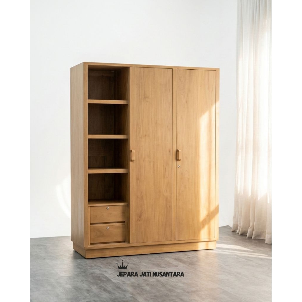 Almari Pakaian Kayu Jati Grade A 3 Pintu 4 Laci