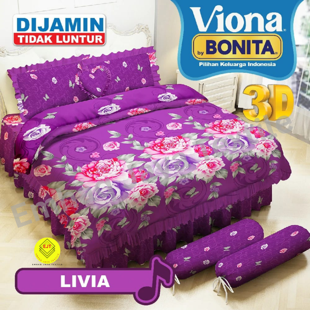 Bed Cover Rumbai Set King Bantal 2 Bonita Warna Ungu Motif Bunga - Ukuran 180x200cm, Halus, Tebal, T