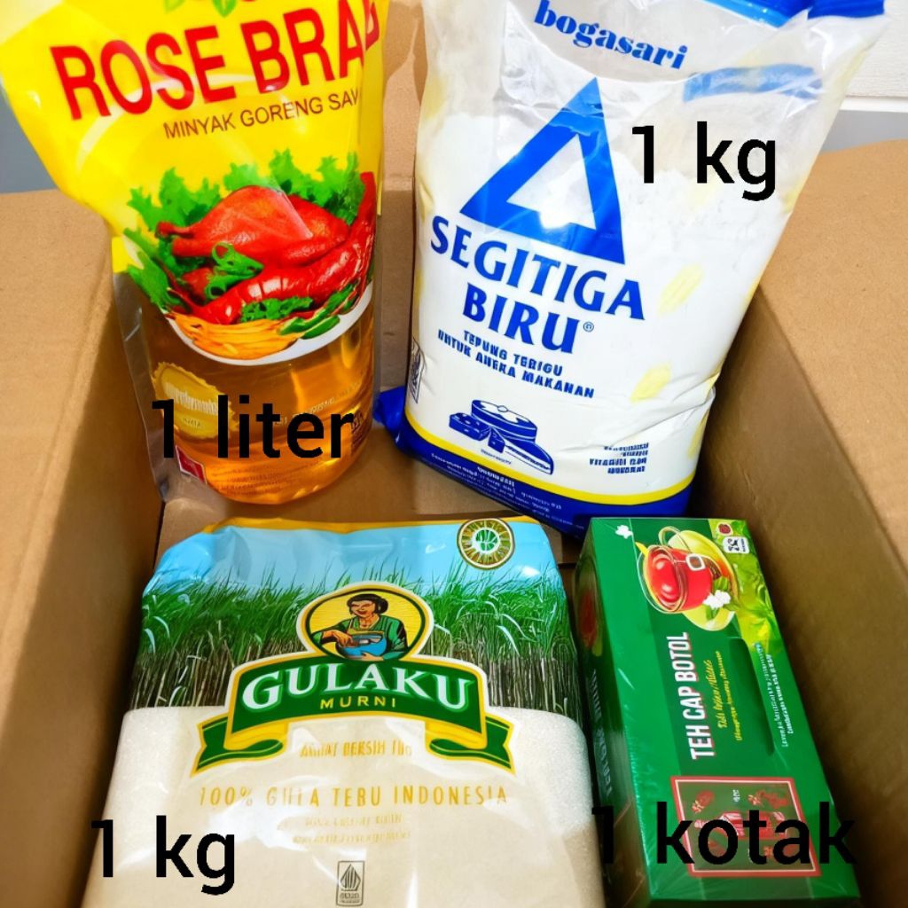 Paket sembako dapur ( Tepung Terigu 1 kg + Minyak 1 liter + gula 1 kg Dan Teh 1 kotak )