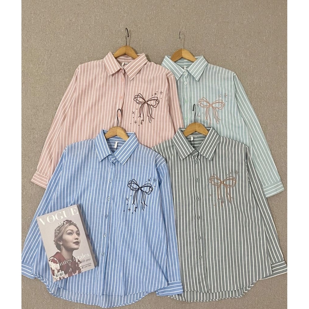 YVIOLA Kemeja Blouse Katun Wanita Motif Garis