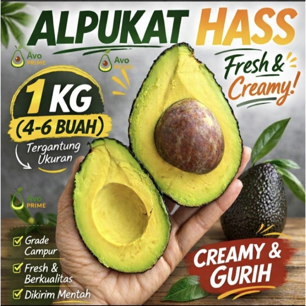 Alpukat Hass 1kg Isi 4–6 Buah | Alpukat Hass Fresh Creamy | Alpukat Mentega Hass