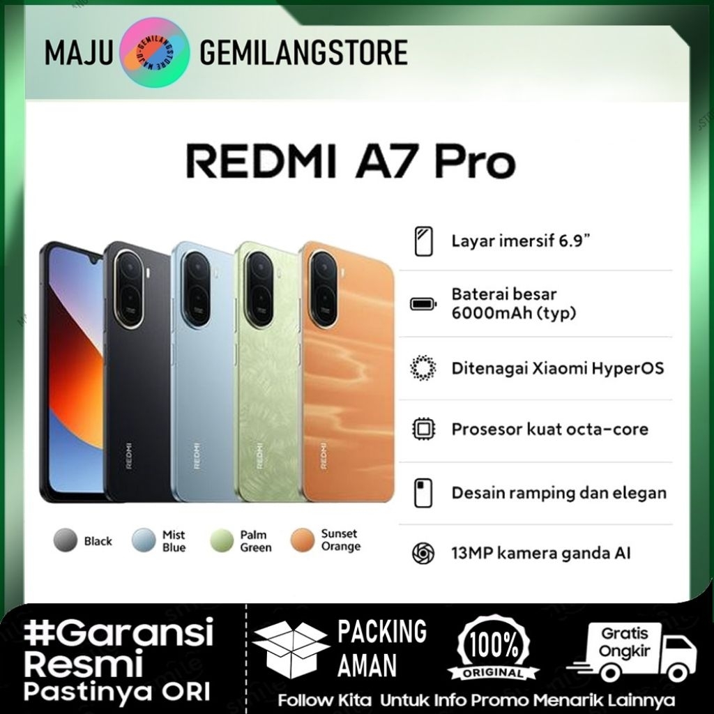 Xiaomi Redmi A7 pro [ ram 4+128 ] Layar besar 6,9"| 6.000 mAh 15W| Xiaomi HyperOS 3 - Garansi Resmi 