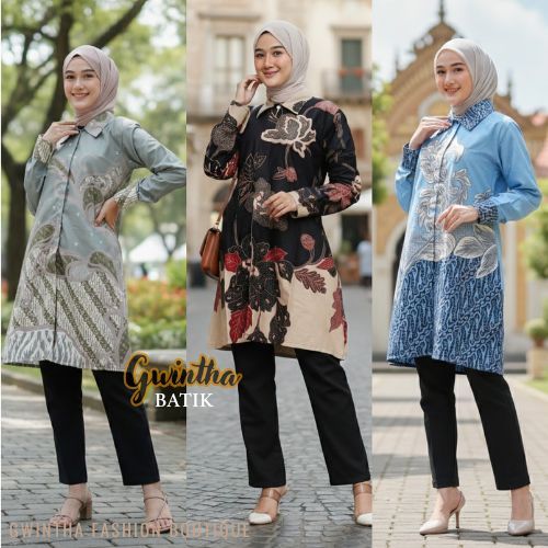 Gwintha Batik - Atasan Tunik Batik Formal Lengan Panjang Cewek Cowok Batik Couple motif Mulya Hijau 