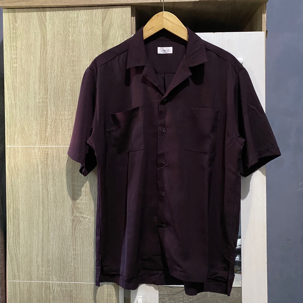 Kemeja by Junred Open Collar burgundy Shirt japan
