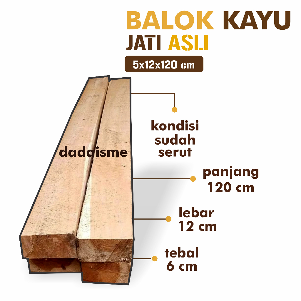 Balok Kayu Tebal 6 cm Ukuran 6x12x120 cm Jati Asli Allgrade Serut Halus Rapi - dadaisme -