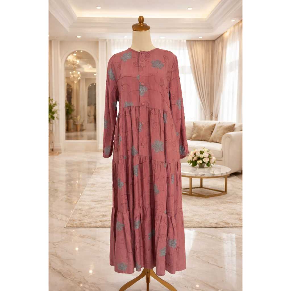 Gamis Wanita Muslim Olivia MJ – Dress Muslimah Katun Motif Bunga Lengan Balon Round Neck Casual