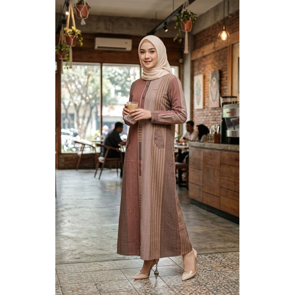 Gamis katun triset Dres bermotif salur kotak