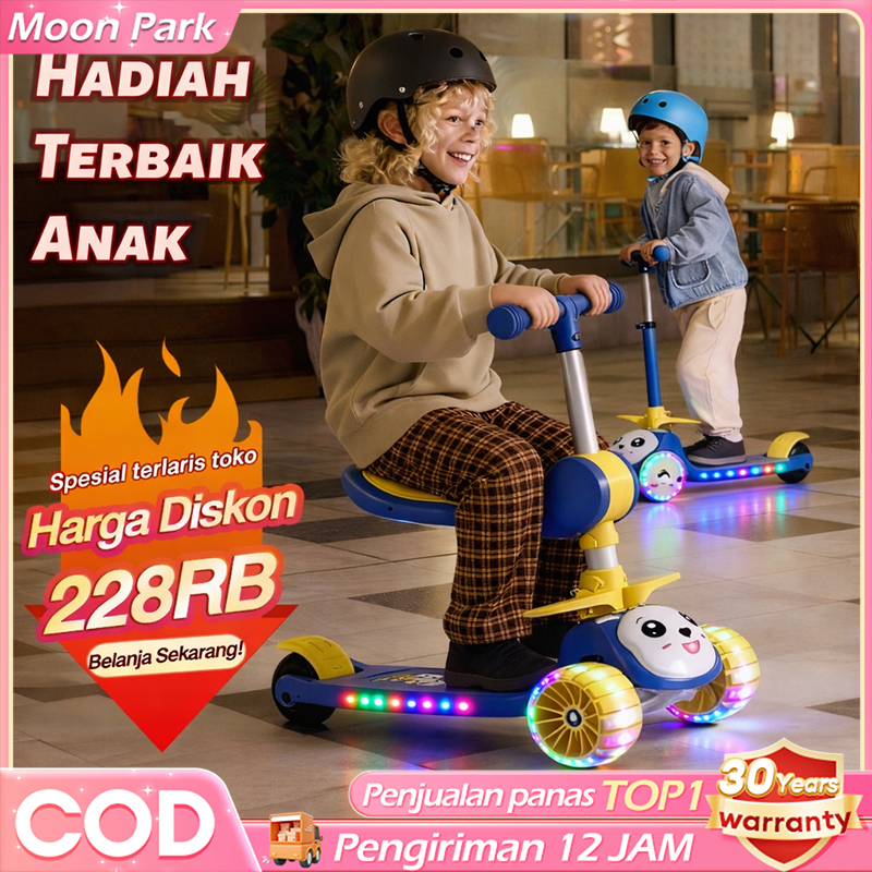 Beige Skuter Anak Roda 3 Bisa Lipat Lampu Roda Sepeda Duduk Hadiah Anak Murah Skuter Anak Laki Laki
