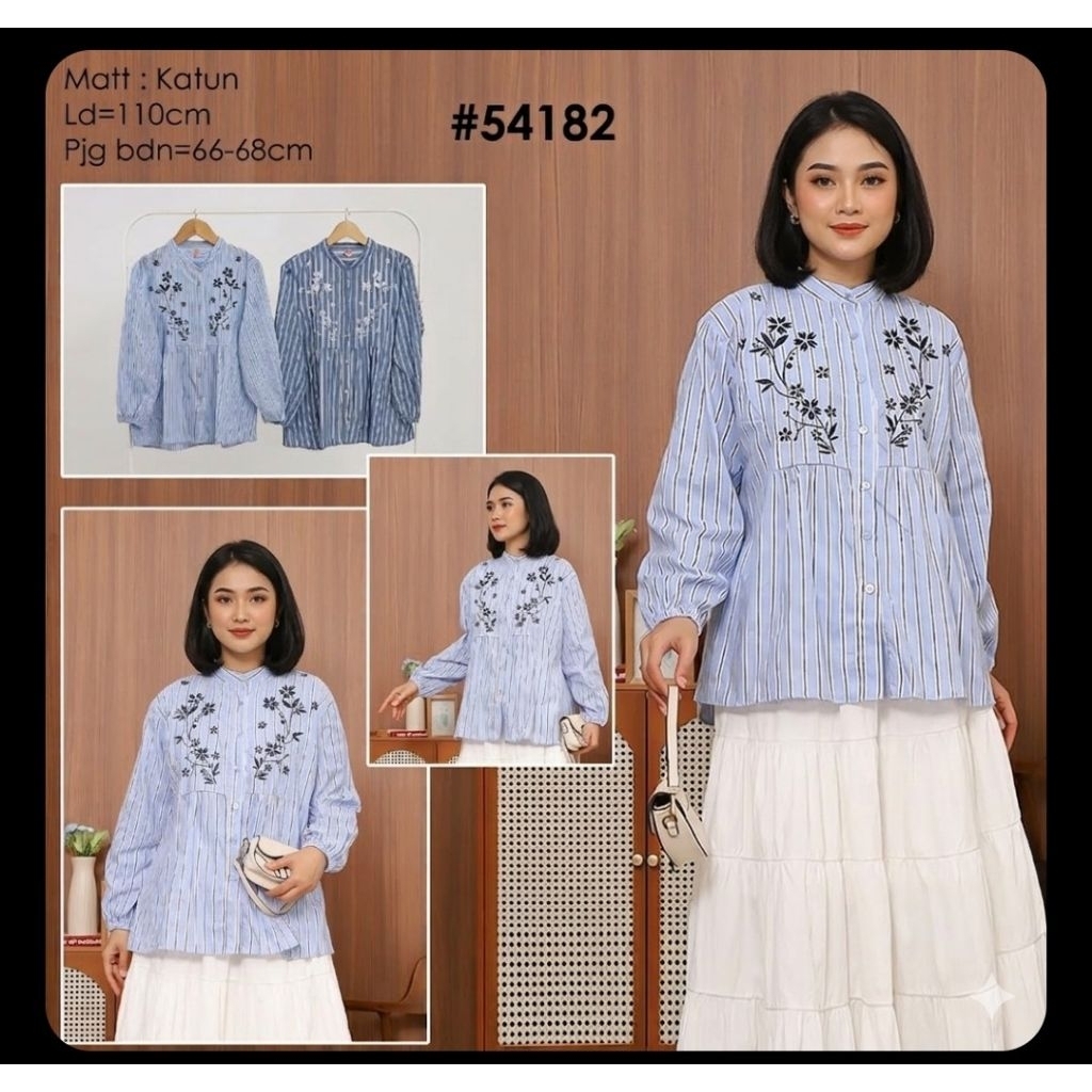 YVIOLA Kemeja Blouse Wanita Motif Garis Bunga