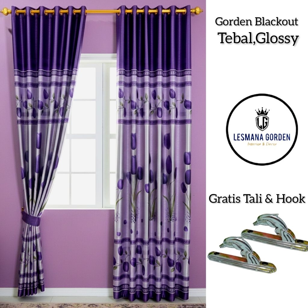 Gorden Pintu Jendela Bahan Kain Blackout Motif Bunga Tulip Glossy Halus Model Smokring