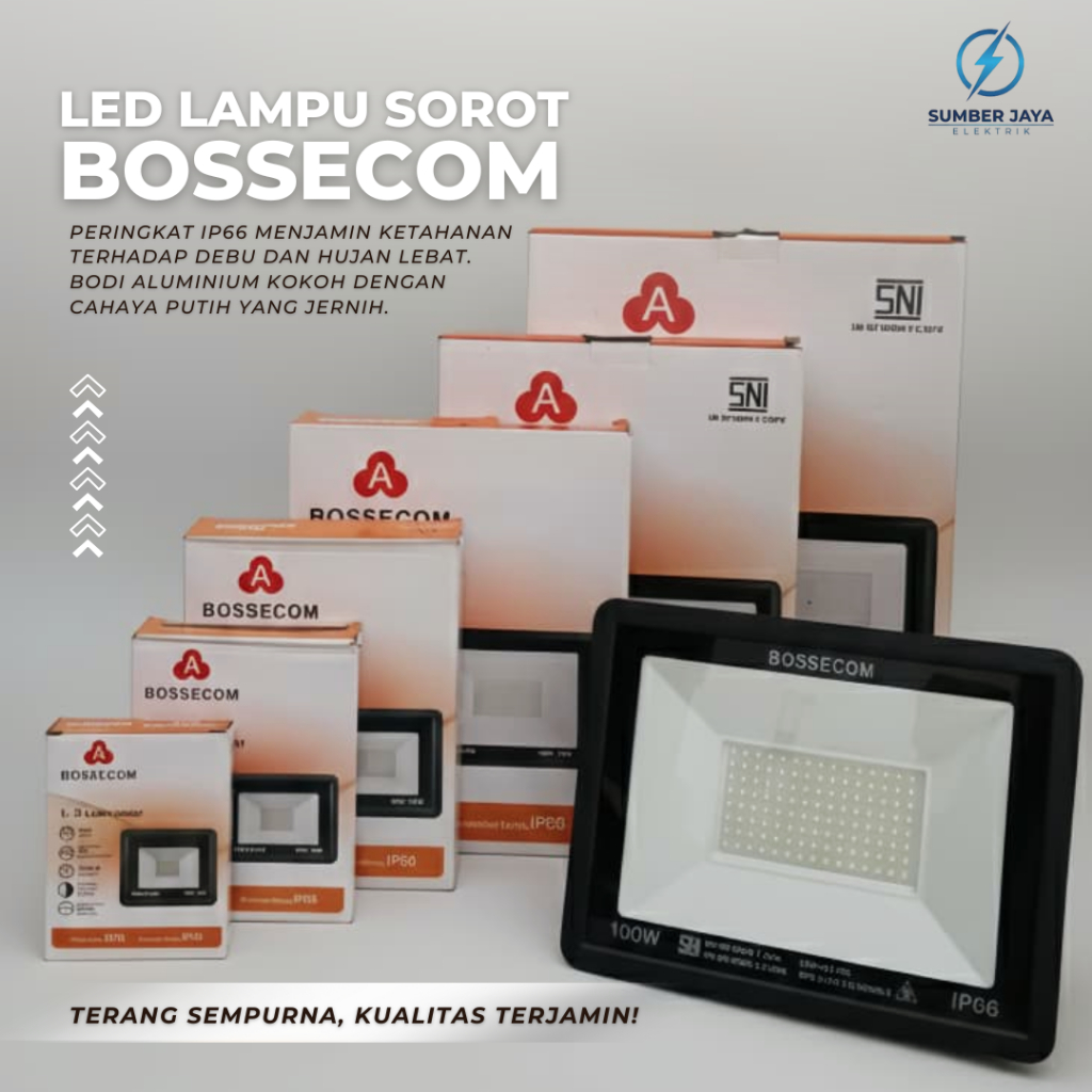 Bossecom Lampu Sorot 20W 30W 50W 100W 150W 200W Cahaya Putih LED Floodlight Outdoor IP66 SNI SuperTe