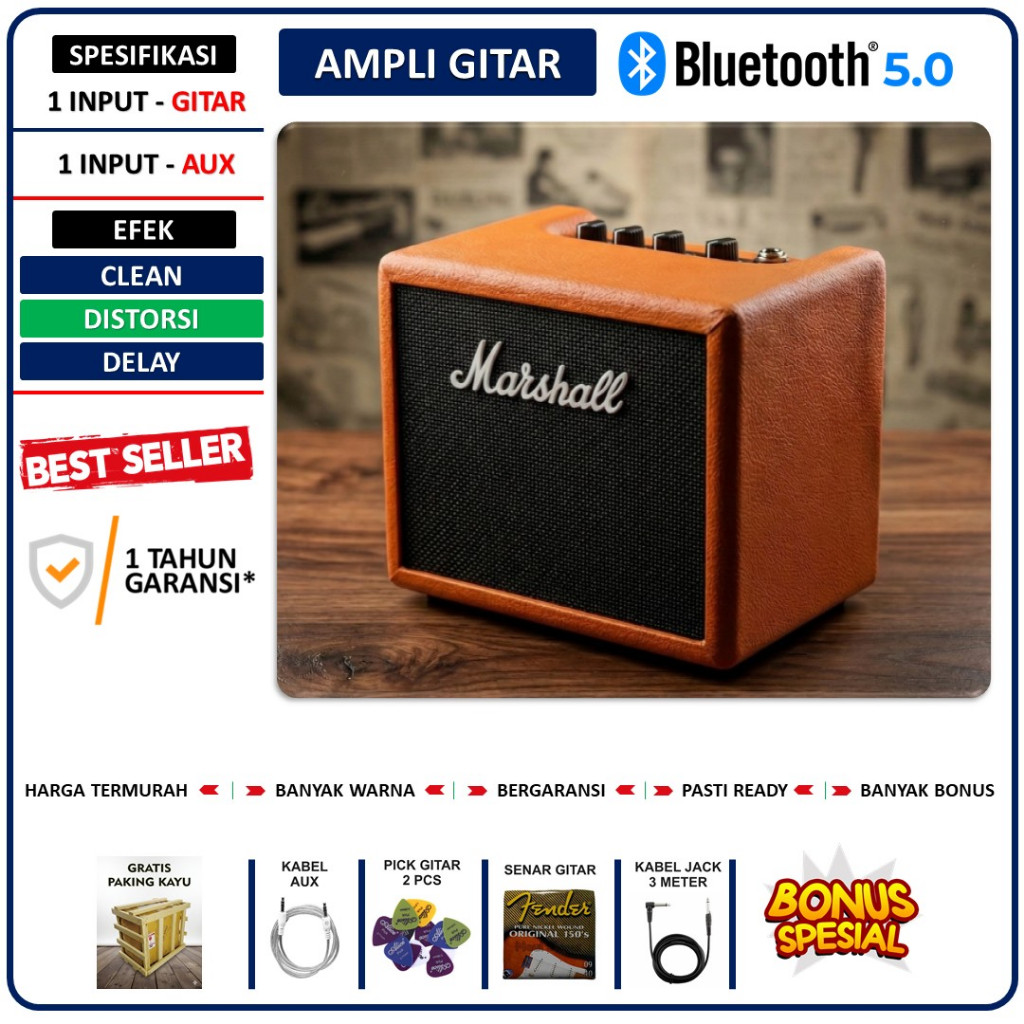 Ampli Gitar & Bass 5 Inch ada bluetooth & efek distorsi & efek delay Banyak Bonus Kabel Jack & Senar