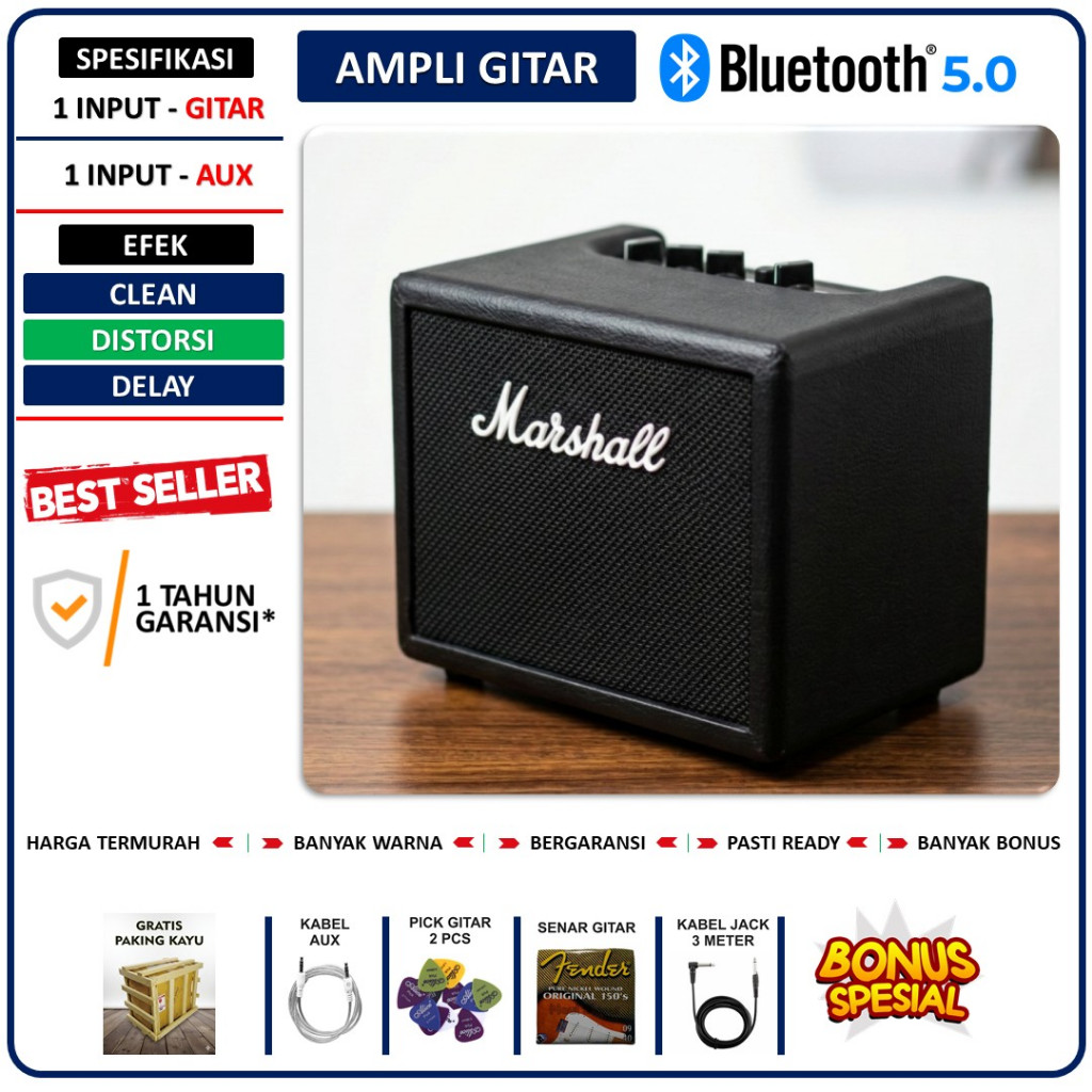 Ampli Gitar & Bass 5 Inch 2 Input ada bluetooth & efek distorsi & efek delay Banyak Bonus Kabel Jack