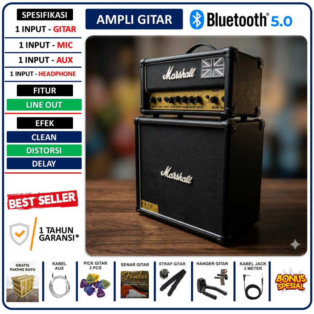 Ampli gitar & bass 8 inch head cabinet 3 input with bluetooth bisa untuk karaoke efek distorsi,rever
