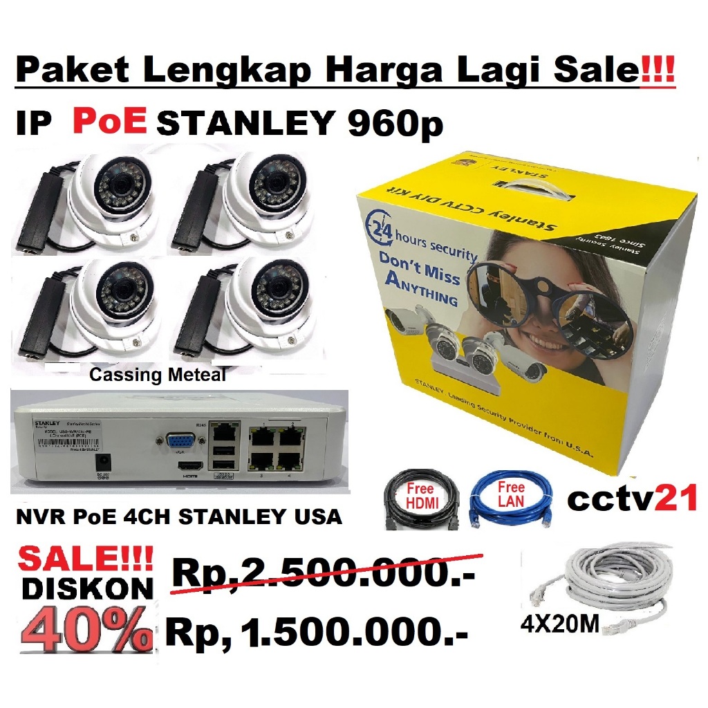 Paket Lengkap 4 CCTV IP Camera POE   STANLEY U.S.A.960p Kabel-80M Harga Lagi dis 40% cctv21