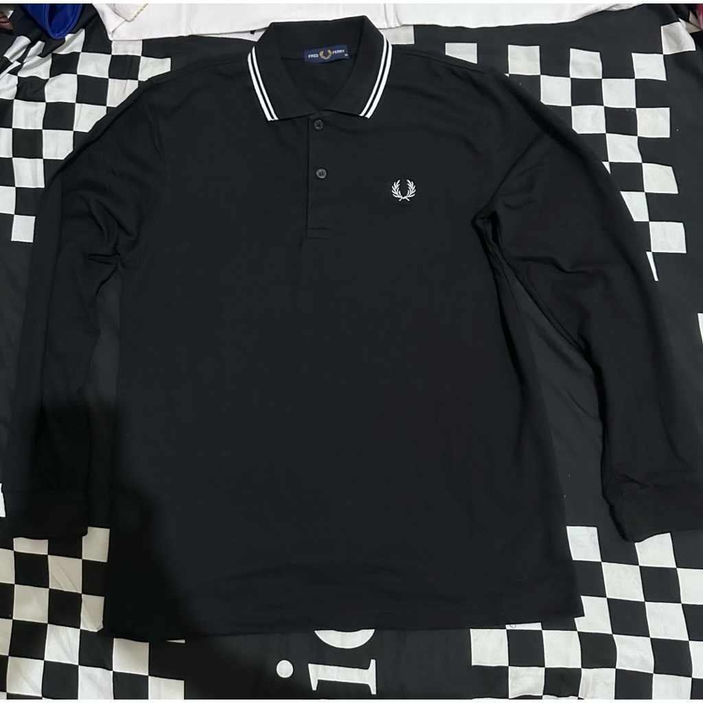 Long Sleeve Fred Perry Twin Tipped Polo Shirt Black White BEKAS