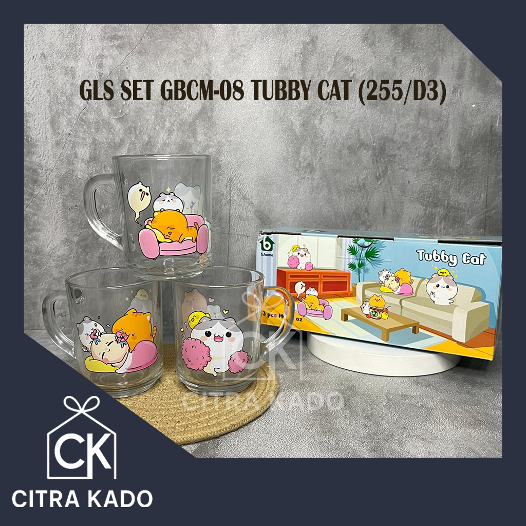 GELAS SET TUBBY 3 PCS/ GELAS KACA MOTIF KUCING