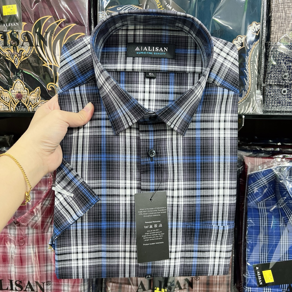 Kemeja Motif Alisan Reguler Lengan Pendek ukuran 14,5 , 15 , 15,5 dan 16 / Kemeja Pria / Pakaian pri