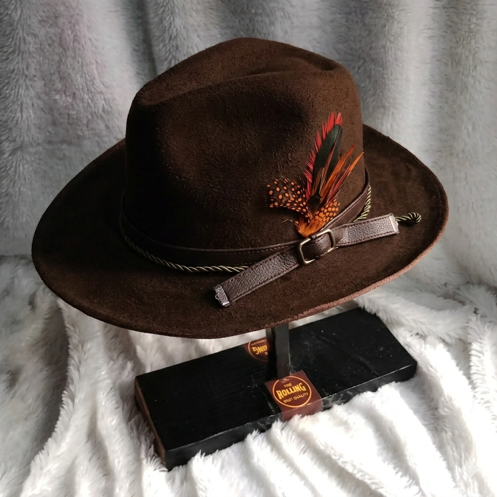 Topi Fedora Pria Laken Wool Import Brown Ukuran S-XL Desain Formal