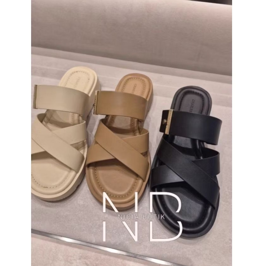 Sandal ck slide crossover strap metallic accent