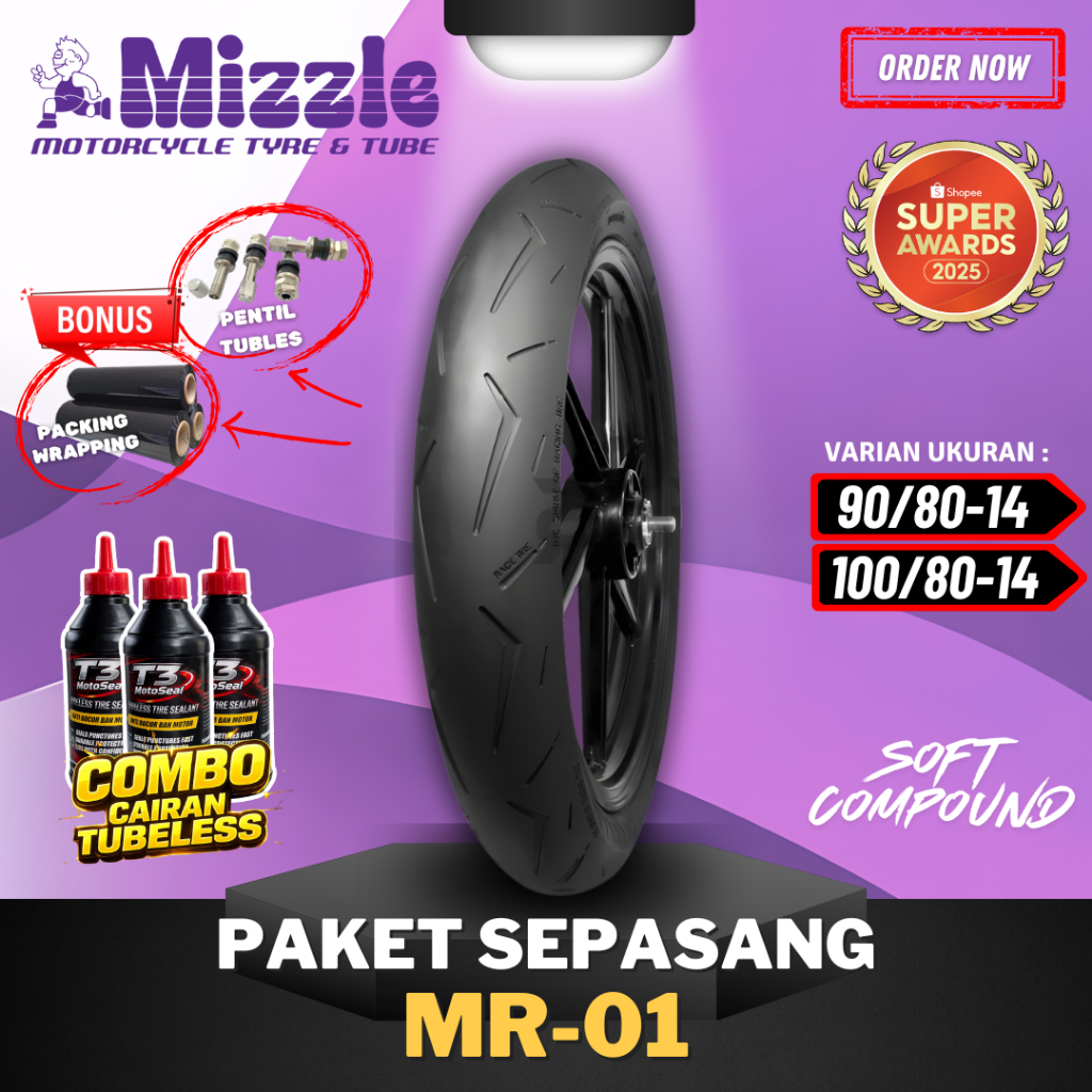 [PAKET SEPASANG] BAN MIZZLE MR 01 SOFT COMPOUND ( 90/80-14 & 100/80-14 ) SOFT COMPOUND RING 14 MR01 