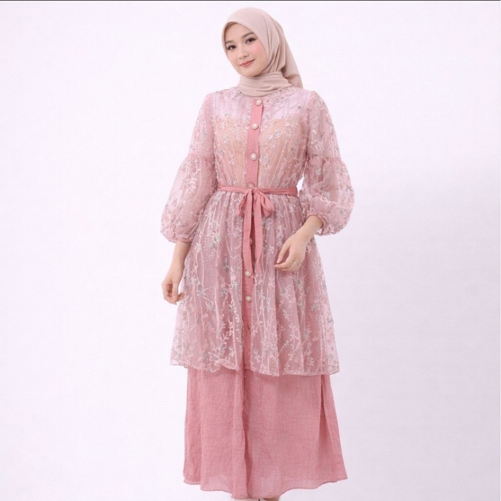 Karunia "SYAFIRA" Gamis Broklat Tile Cream Navy