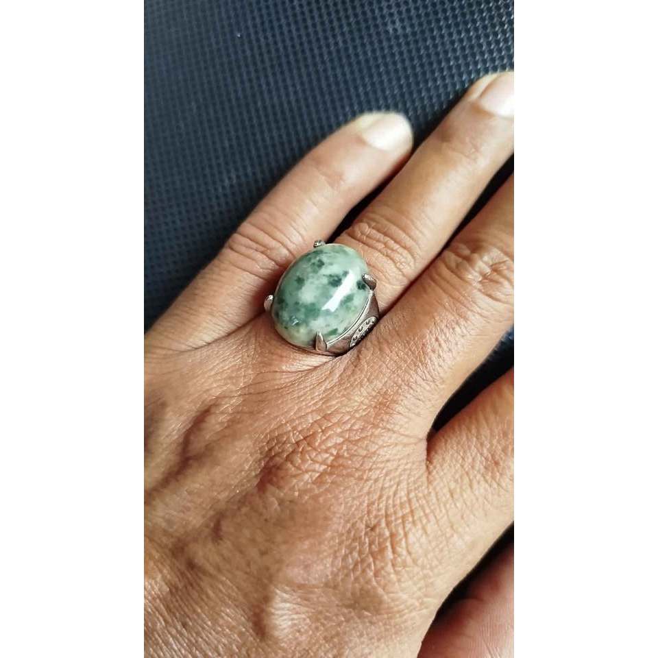 Cincin Batu Akik Lumut Sungai Dareh Natural Motif Lumut Hijau Size 20x16 mm Ring Titanium