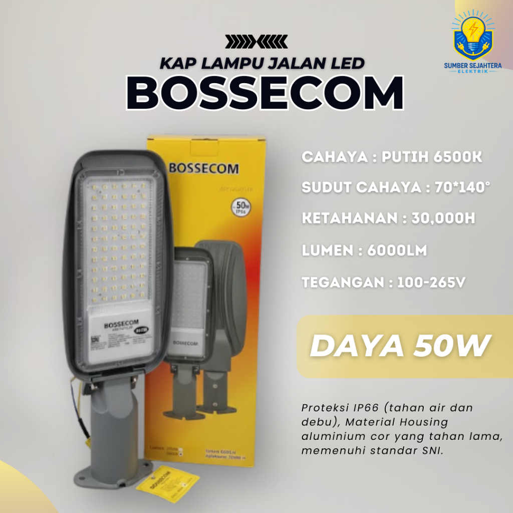 KAP LAMPU JALAN LED BOSSECOM 50W - COLD WHITE 6500K