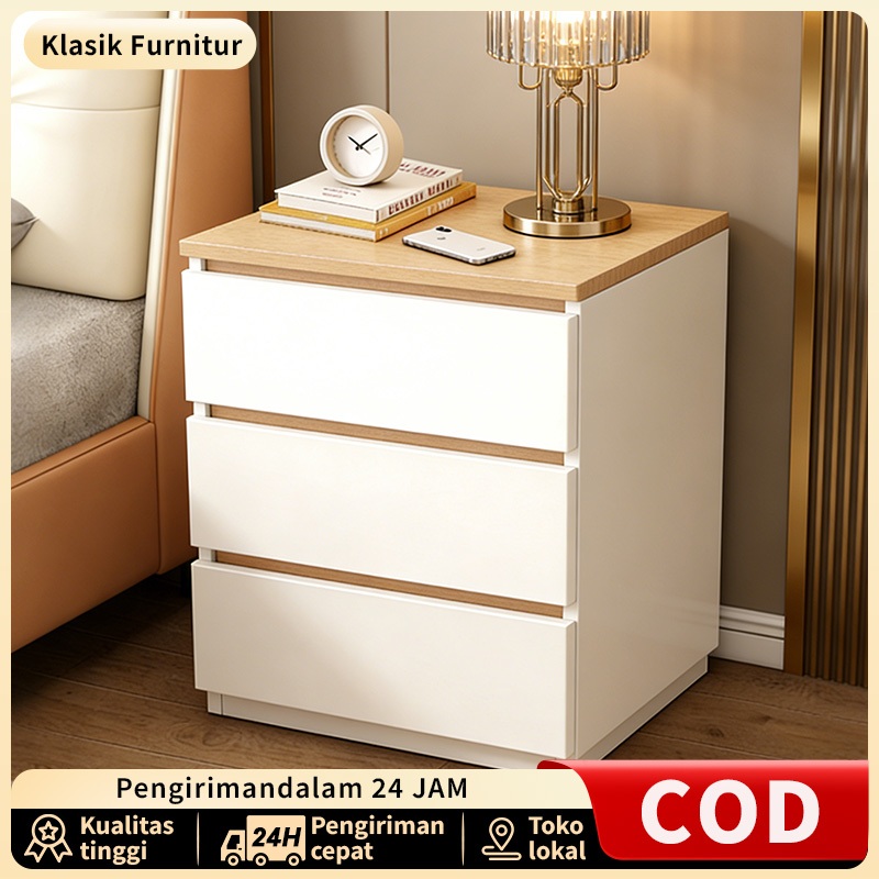 COD Meja Nakas Minimalis 2 & 3 Laci - Bedside Table Kayu Serbaguna Warna Putih / Natural - Meja Samp