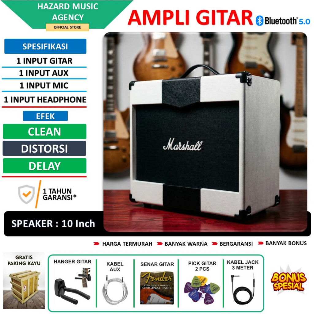 Ampli gitar & bass 10 Inch 3 input bluetooth bisa untuk karaoke efek distorsi delay termurah Putih