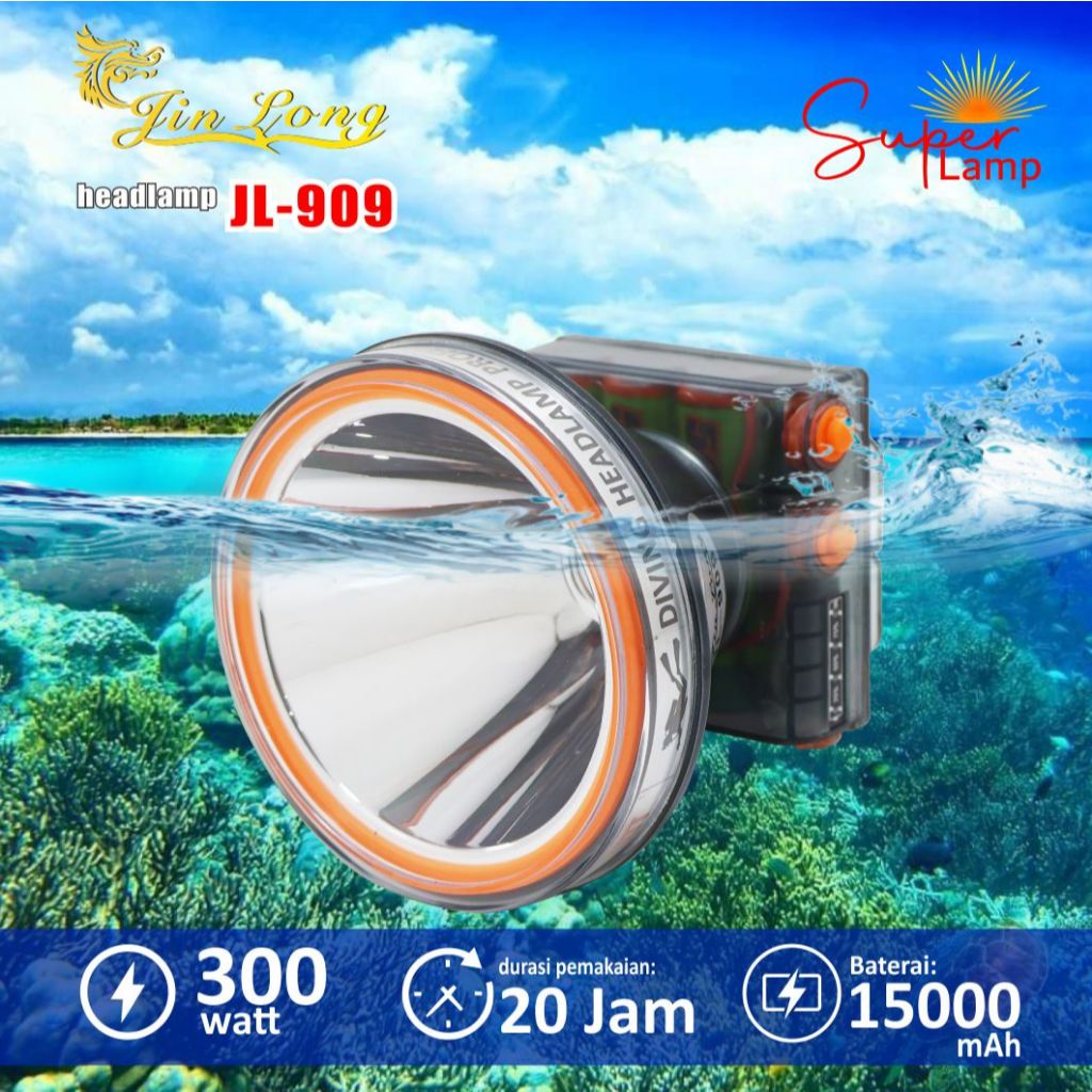 Senter Kepala Selam IP68 Jinlong JL 909 300Watt Charger Adaptor Jack Angka 8