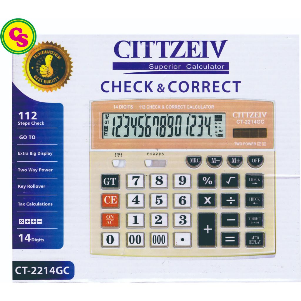 Kalkulator CITIZEN CT-2214GC 14 digit Warna Menarik GOLD KILAT Original Solar Baterai dengan fungsi 
