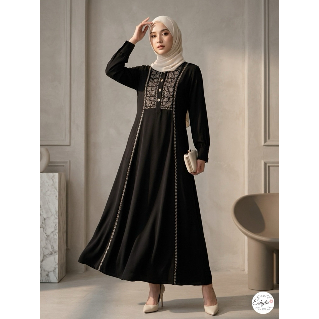 SHAFIA DRESS By. ESHYLA - Gamis Bordir Premium Linen Crinkle Import