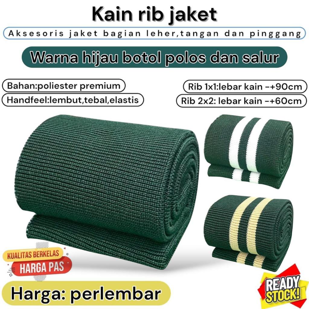 Kain Rib warna Hijau Botol polos & salur murah, perlembar