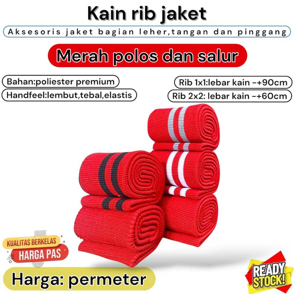 Kain Rib bur warna merah polos dan salur, permeter