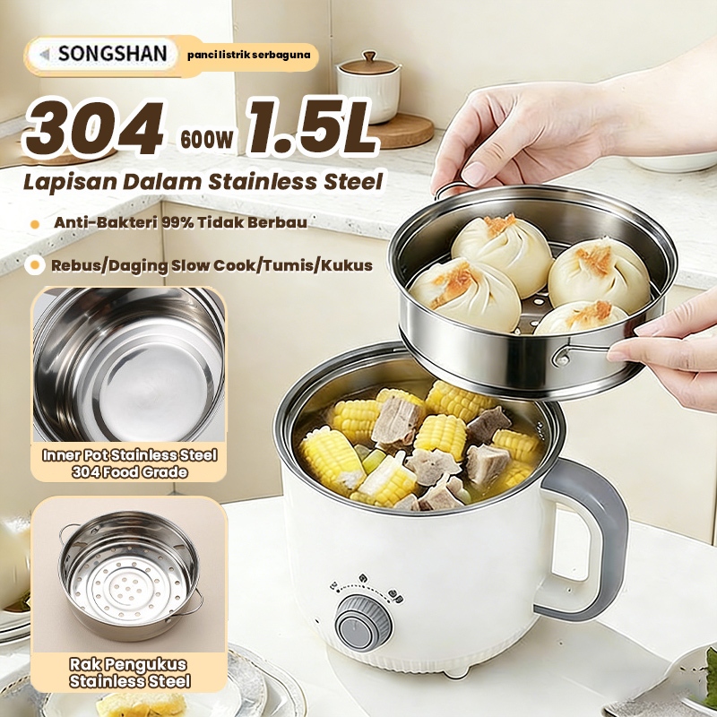 SONGSHAN multifungsi panci listrik mini stainless Steel 304 + Kukusan 1.5L traveling/portable /serba