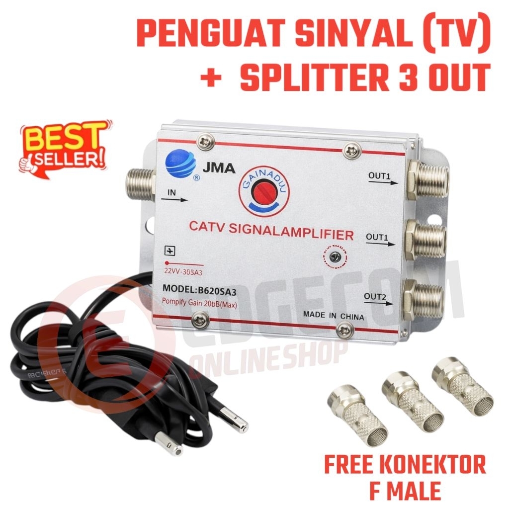 PENGUAT SINYAL BOOSTER TV CATV-SIGNAL AMPILIFIER 3 WAY OUTPUT + FREE KONEKTOR F