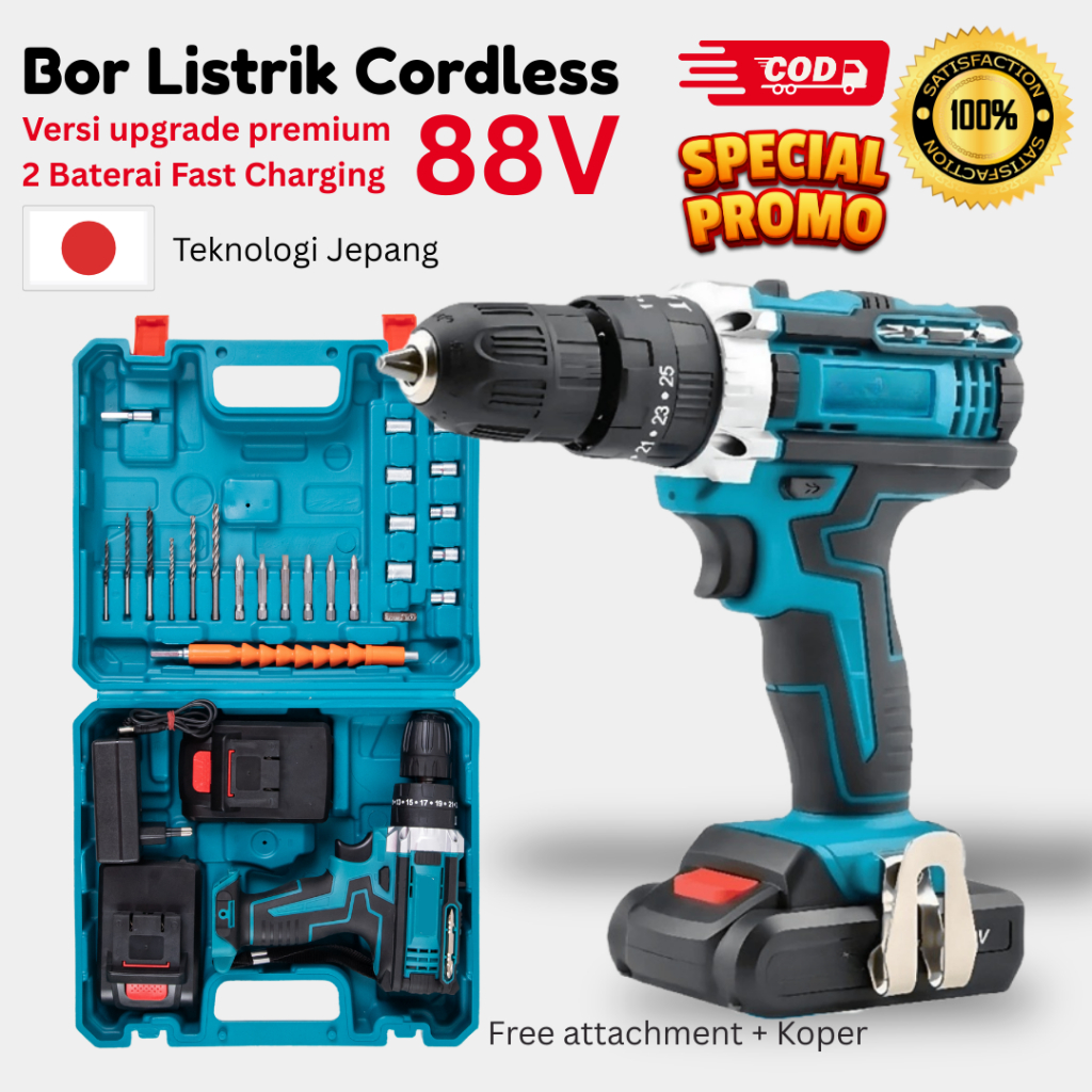 Bor Listrik Cordless 88V Set Lengkap – 2 Baterai Fast Charging + Koper – Mesin Bor Obeng Multifungsi