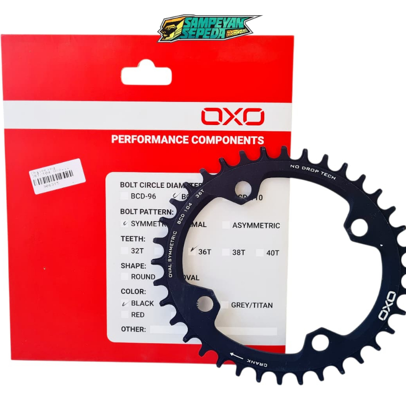OXO Gir Depan Chainring Oval 36T BCD 104 Symetric Hitam Piringan Sepeda MTB Federal