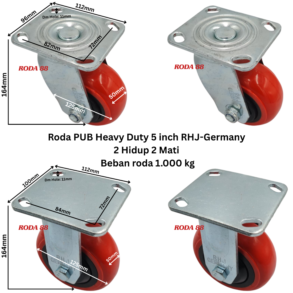 Roda 5 inch PUB RHJ-TW Germany Heavy Duty (2 Hidup & 2 Mati) Beban Roda 1000kg