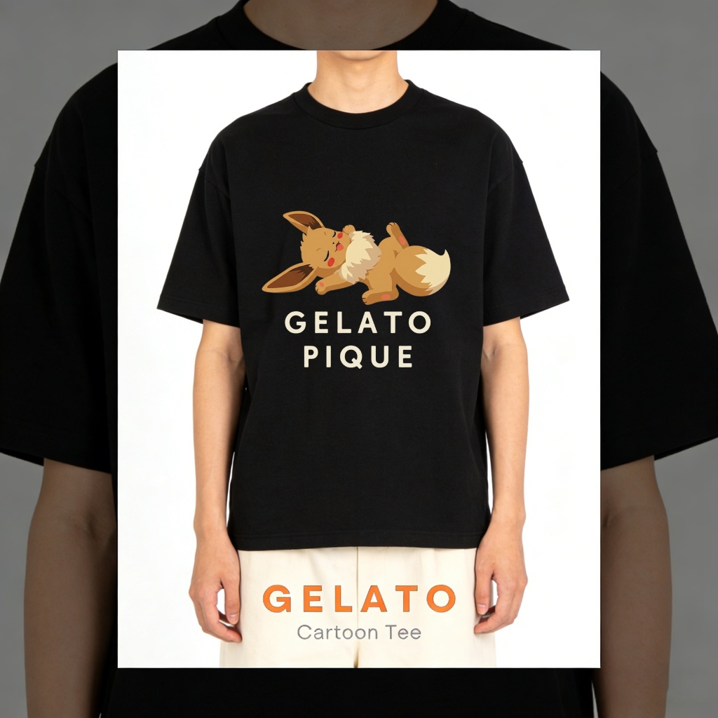 Gelato Pique Official Store Kaos oblong dengan motif kartun Pokemon Eevee, Kaos Unisex, Kaos Distro,