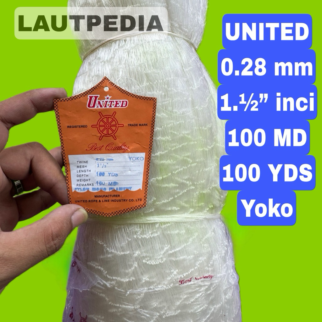 Jaring Ikan UNITED 1.1/2 Inch | Senar 0.28 mm | Kedalaman 100 MD | Panjang 100 Yard - Yoko